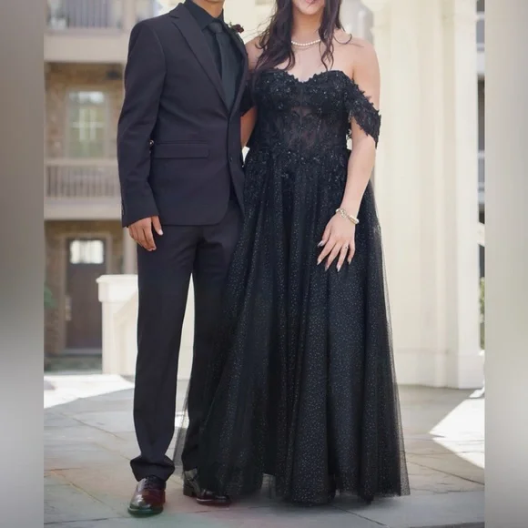Cinderella Divine Appliqué Off Shoulder Tulle Gown CD0198Back Prom Dress Sz M